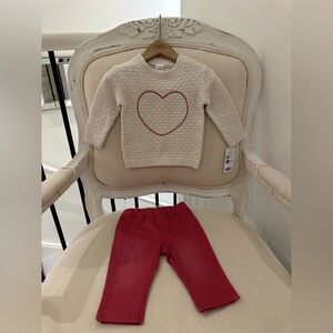 🤍 6 Mth Embroidered Heart Knit Cotton Sweater and Red Pants Set NWT